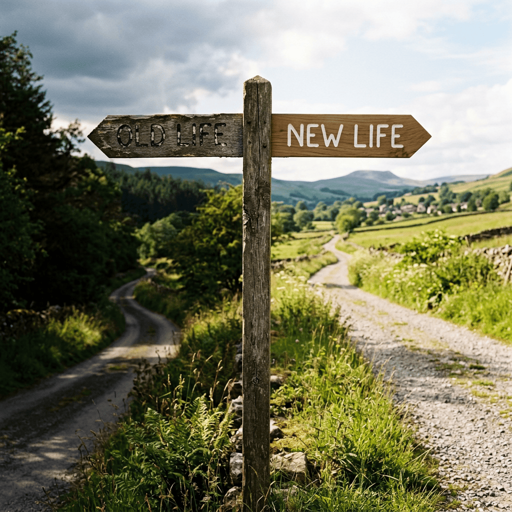 Wooden sign reading “OLD LIFE” and “NEW LIFE” beside two rural roads